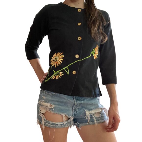 Black Embroidered Sunflower Cardigan Top Small - Picture 1 of 5